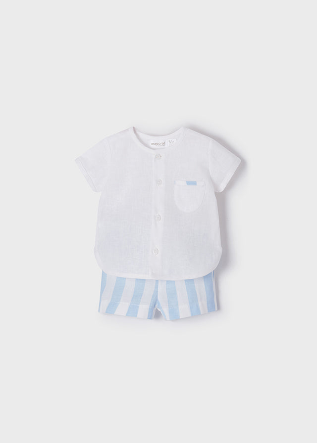 Camisa celeste, moño, short azul, chaleco – Mi Bebe